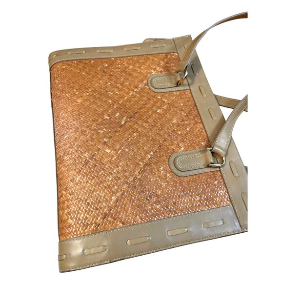 Anne Klein Woven Straw & Leather Tote Bag Dual Handles Tan Beige Elegant Design - Picture 7 of 12